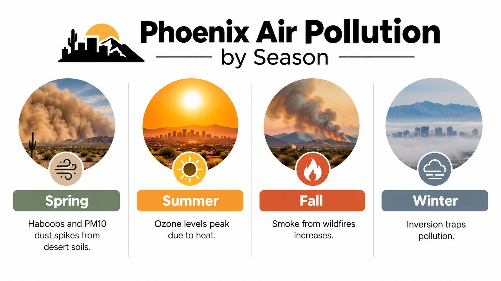 An infographic showing the four seasons in Phoenix and how each contributes to local air pollution levels.