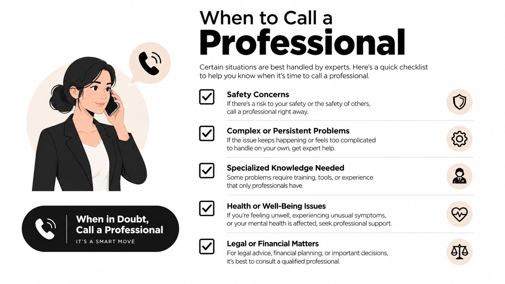 An infographic titled When to Call a Professional listing five key situations requiring expert assistance and advice.