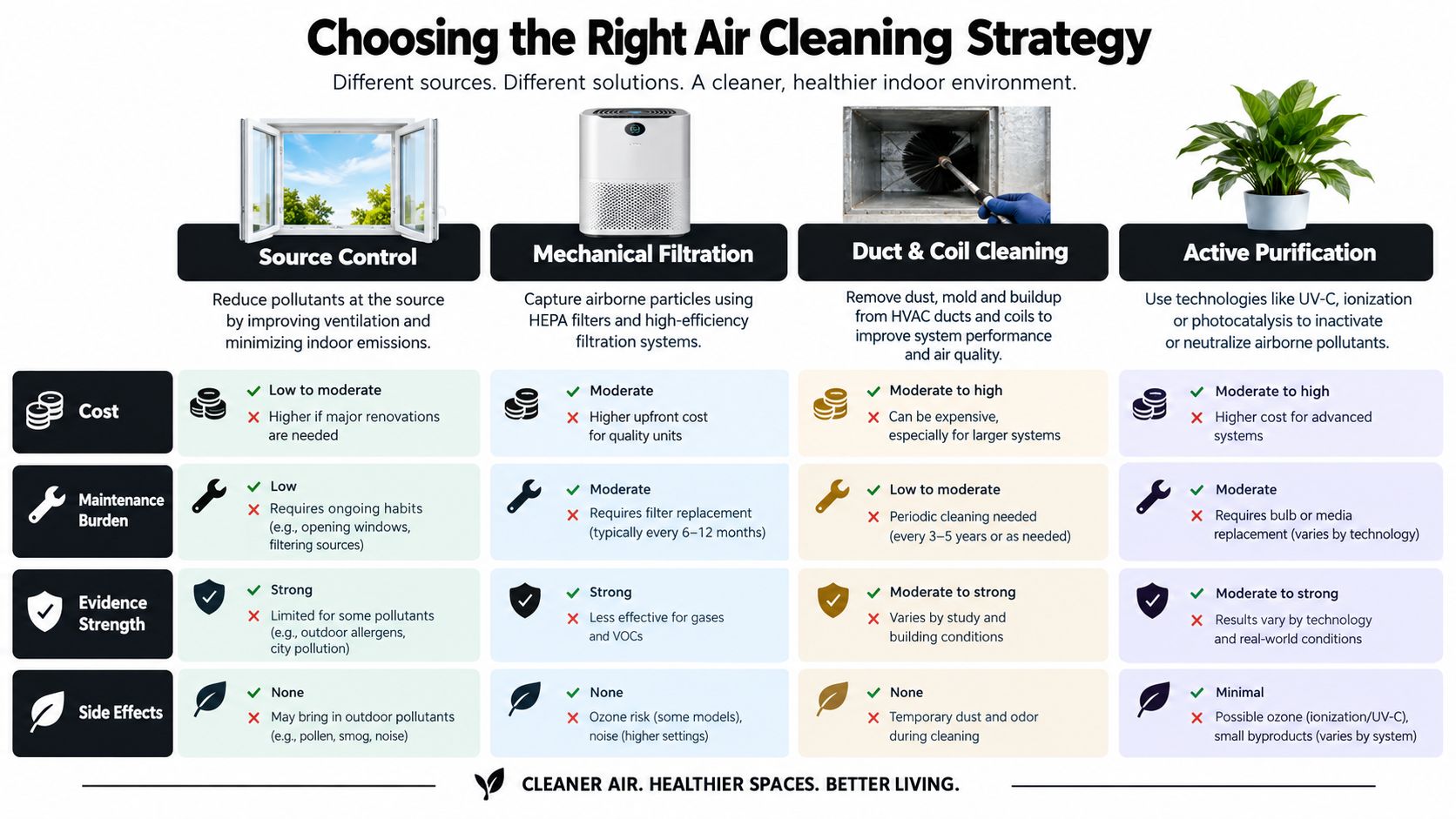 A comparison chart outlining four strategies for improving indoor air quality: source control, filtration, cleaning, and purification.