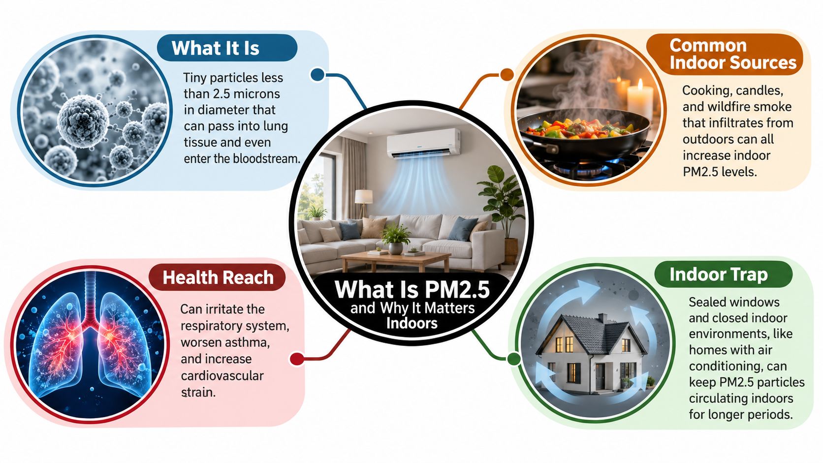 An infographic explaining what PM2.5 particles are, their indoor sources, health impacts, and how homes trap them.