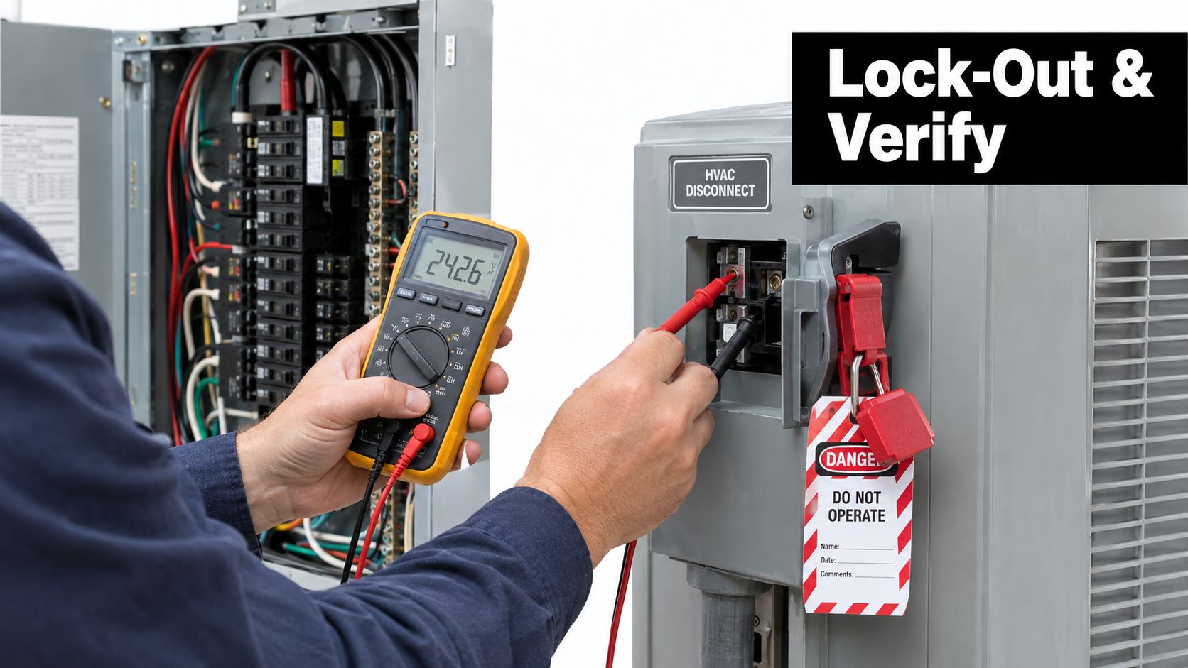 An electrician performs a safety verification check with a multimeter on an HVAC electrical disconnect box.