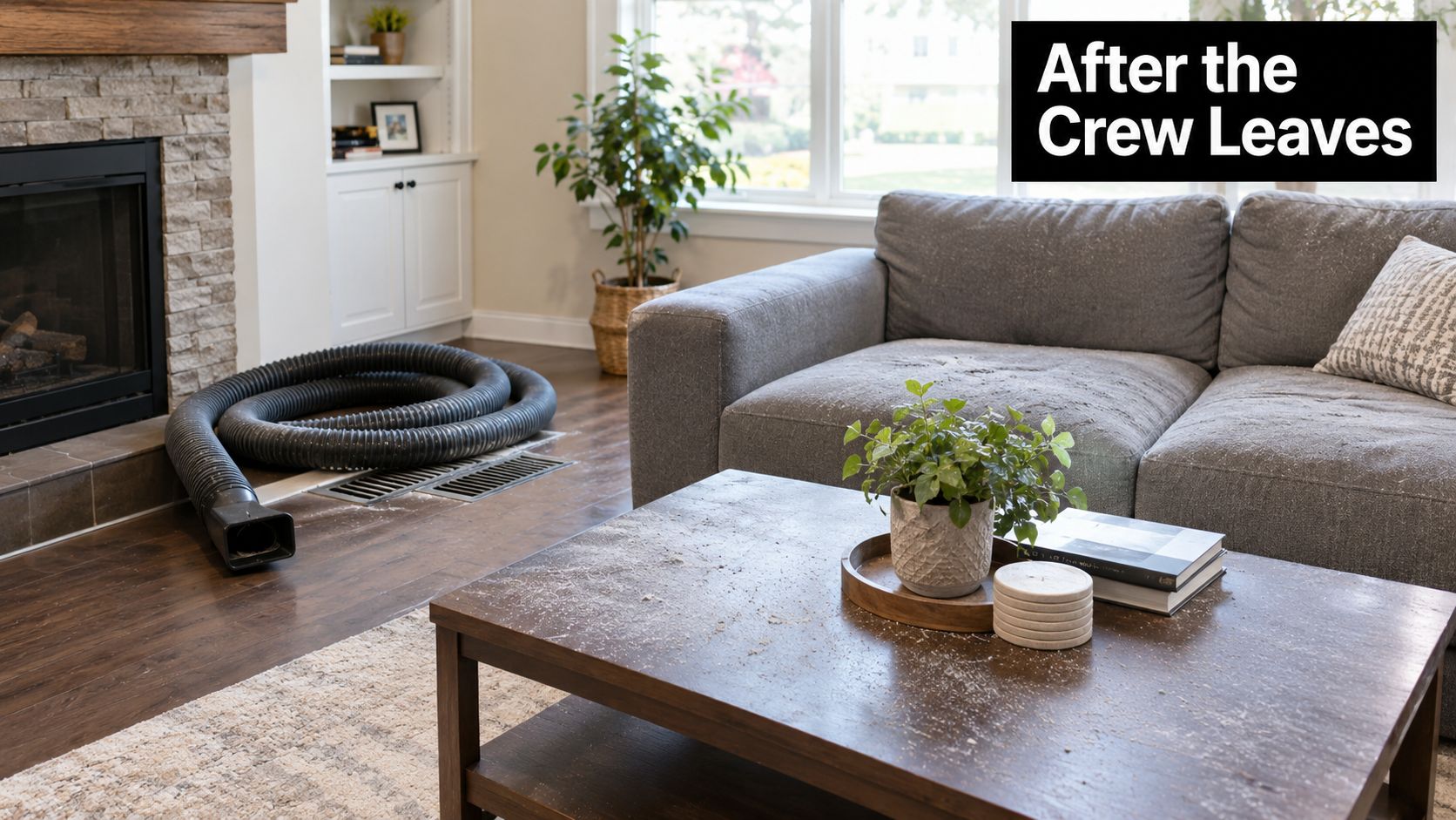 A living room covered in dust and debris left behind after an unprofessional air duct cleaning service.
