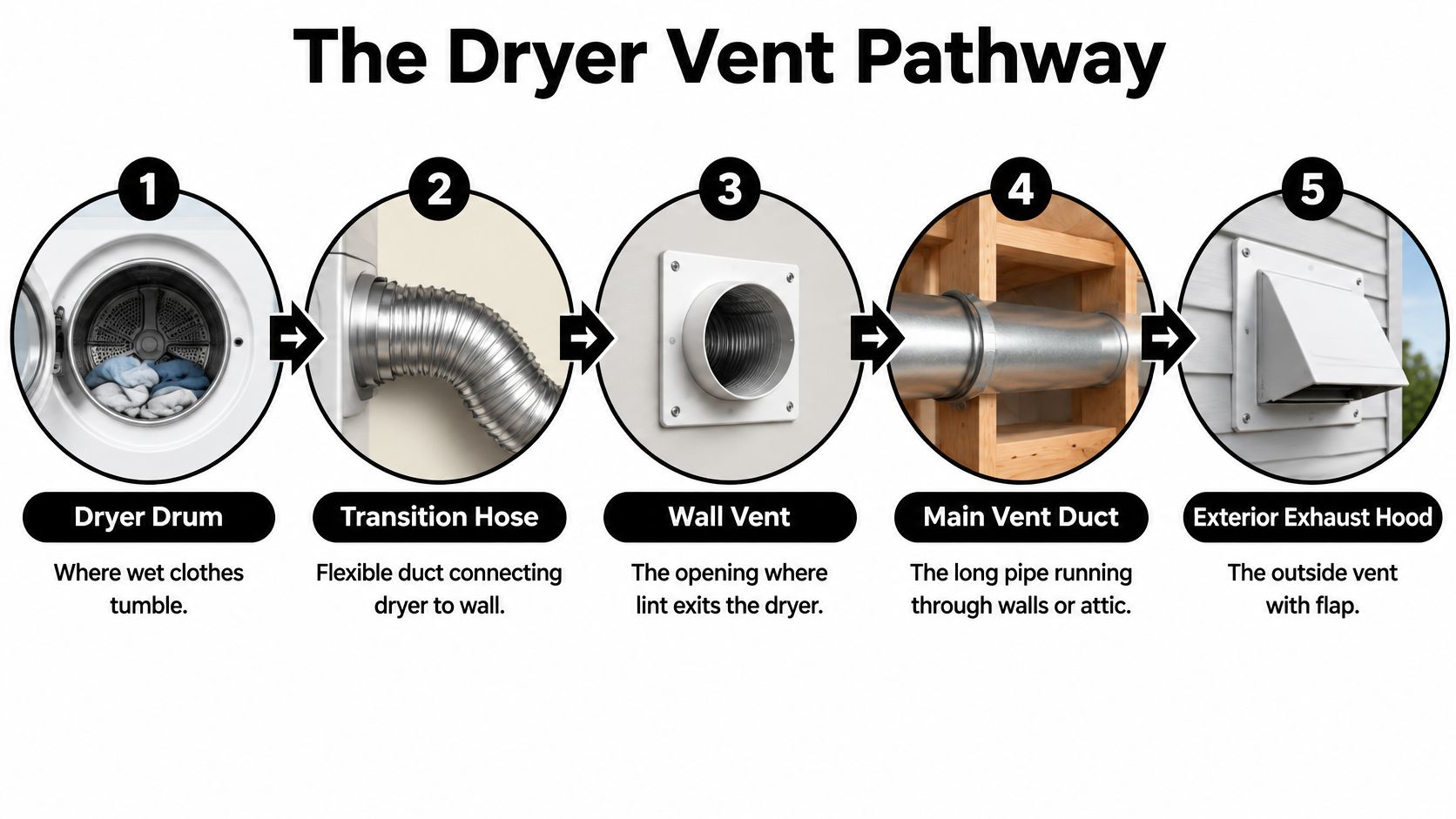 A diagram illustrating the five-step pathway of a dryer vent system from the drum to the exterior.