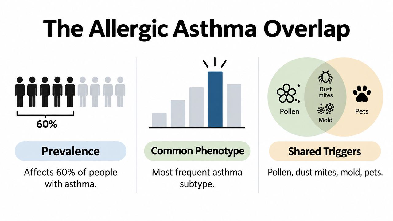 An infographic illustrating the allergic asthma overlap, showing prevalence, common phenotypes, and shared environmental triggers.
