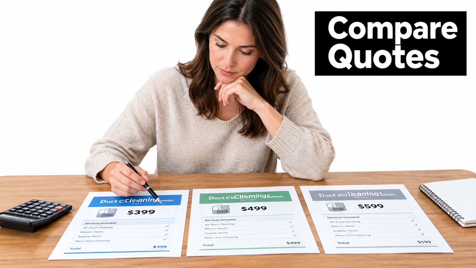 A woman comparing three different air duct cleaning price quotes while sitting at a wooden desk.