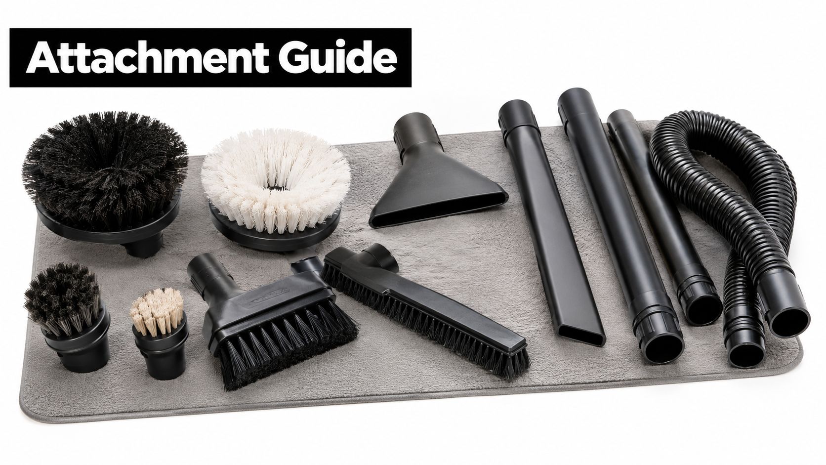 A collection of various vacuum cleaner brushes and nozzles laid out on a gray microfiber cloth.