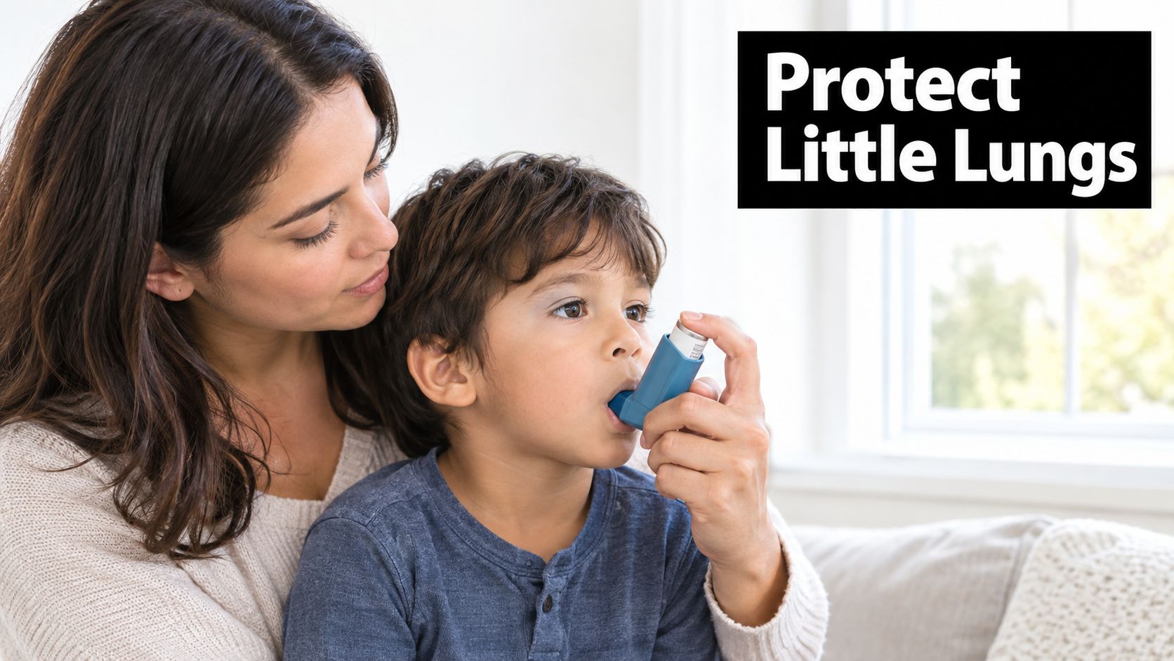 A concerned mother watches her young son as he uses a blue medical inhaler for asthma.