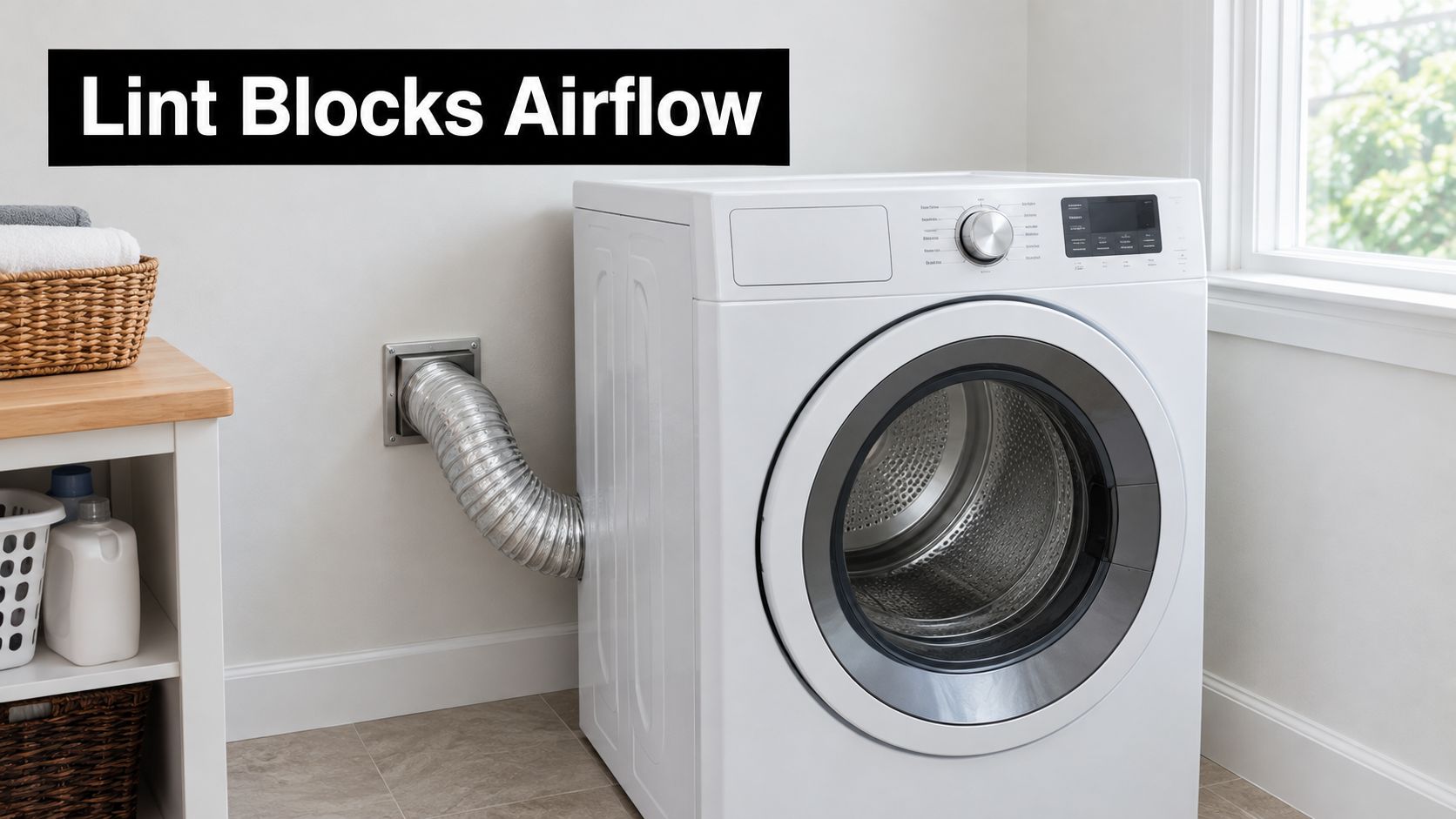 A white clothes dryer connected to a wall vent by a flexible metal exhaust hose inside a laundry room.