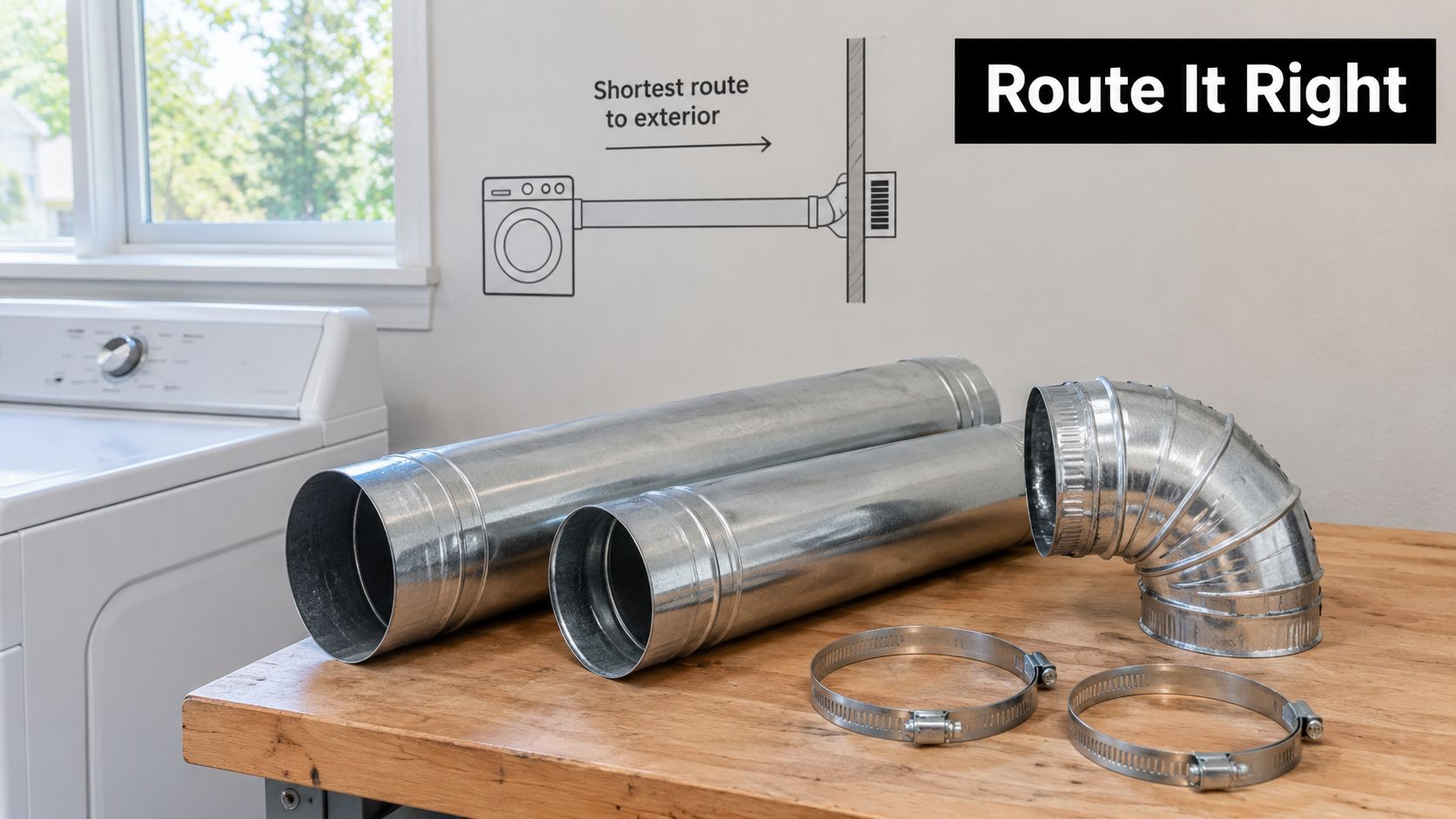 A table holding metal dryer vent pipes, an elbow connector, and two metal clamps for installation.