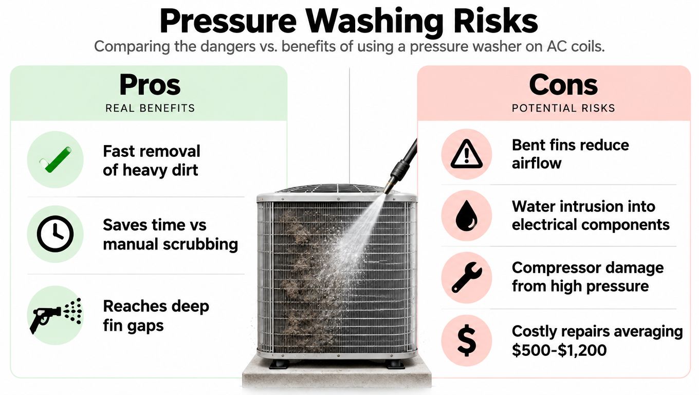 A comparison infographic showing the pros and cons of using a pressure washer on AC condenser coils.