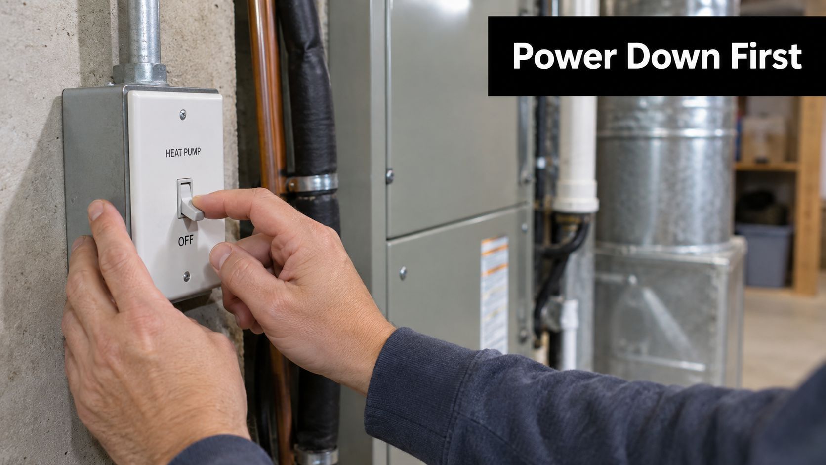 A technician turning off a wall-mounted switch labeled heat pump to safely power down equipment.