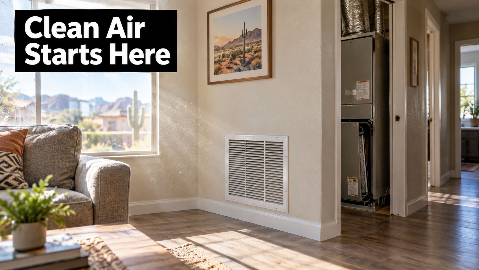 A living room featuring an HVAC air return vent installed on a wall near a central furnace.