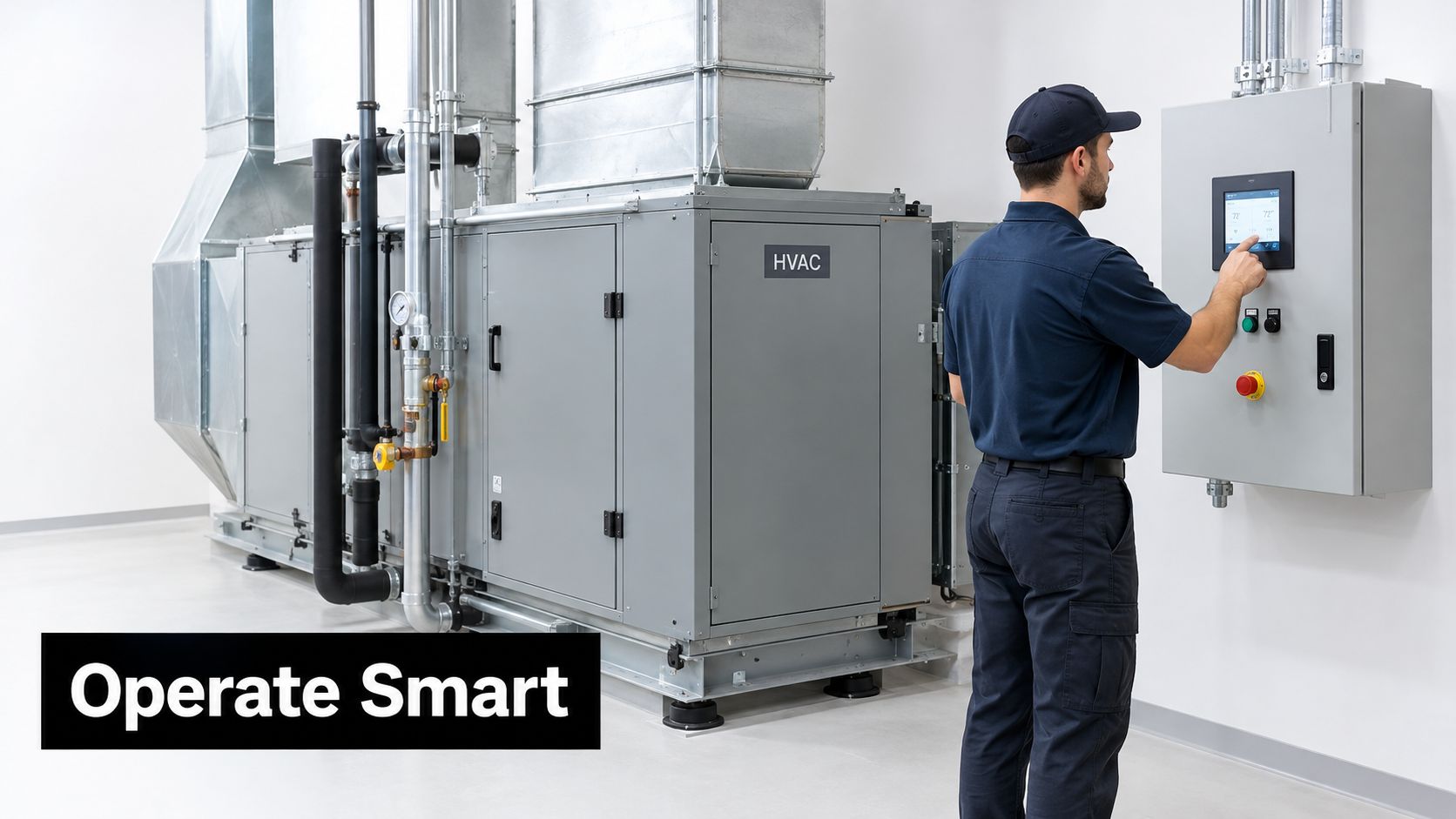 An HVAC technician interacts with a modern industrial control panel to manage indoor air quality systems.
