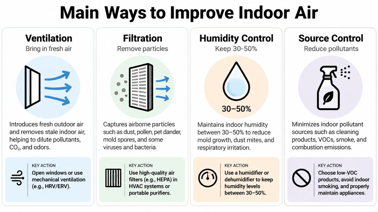 A four-part infographic illustrating effective methods to improve indoor air quality through ventilation, filtration, humidity control, and source control.