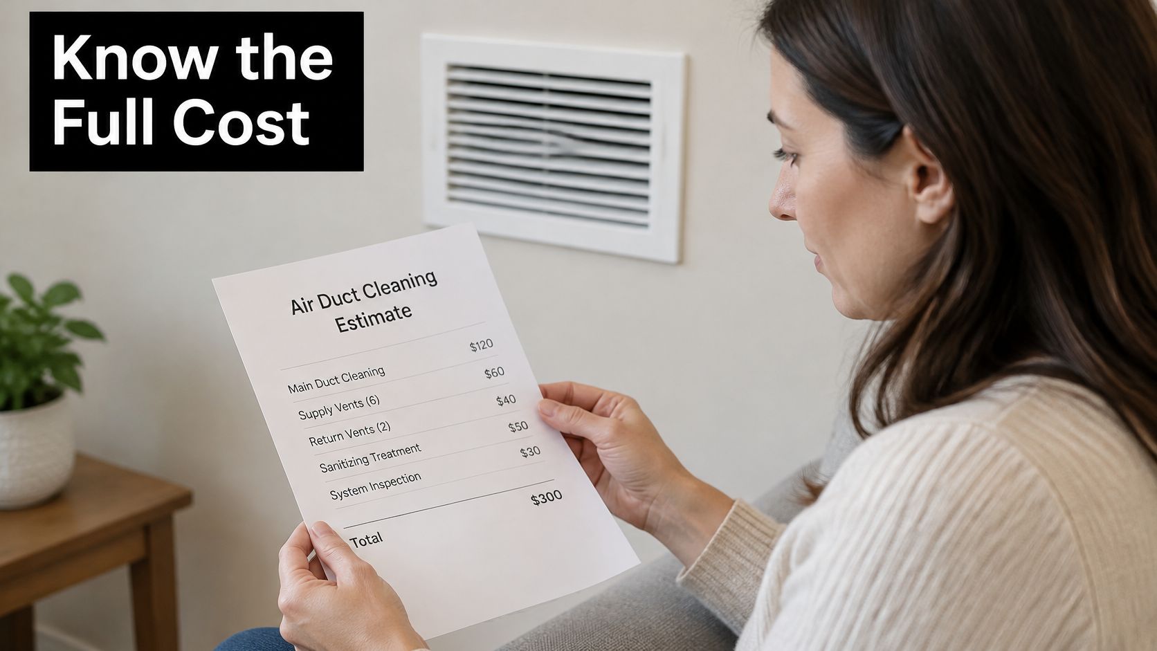 A woman reviewing a detailed air duct cleaning estimate paper in a residential home setting.