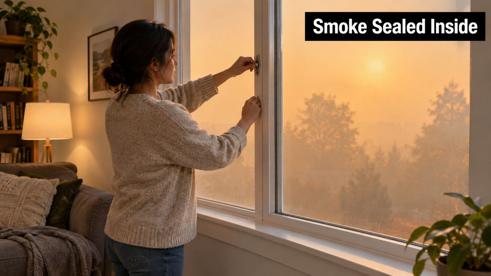 A woman closing a window in her home to protect against outdoor wildfire smoke and poor air.