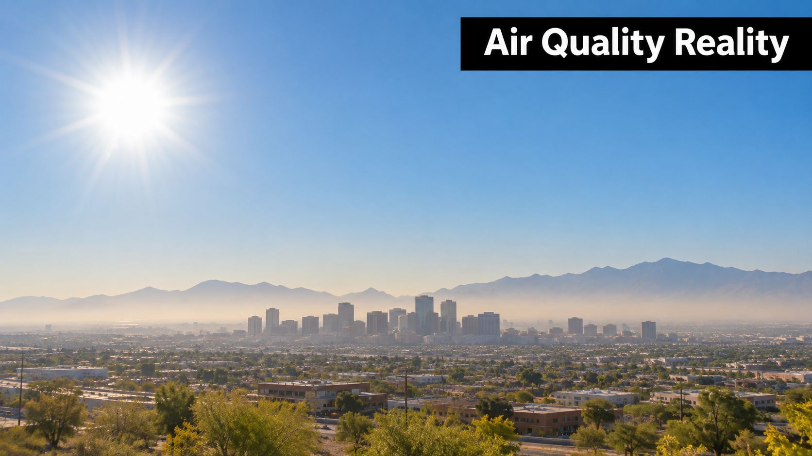A hazy skyline view of downtown Phoenix, Arizona, with a bright sun overhead and distant mountains.
