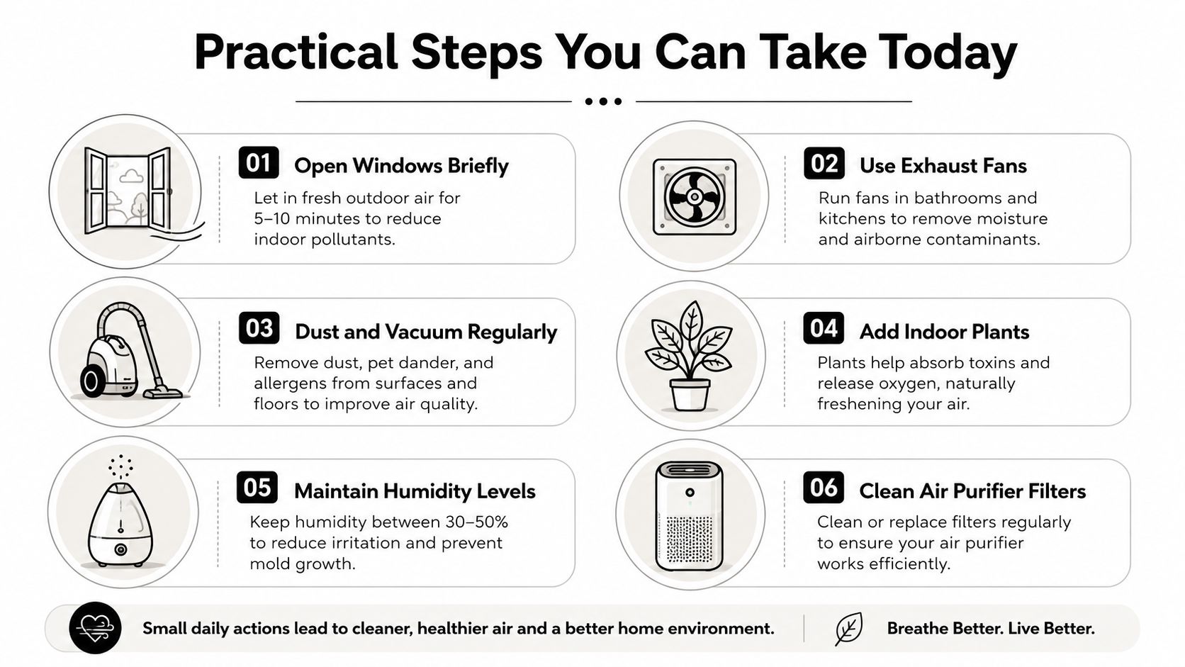 An infographic showing six practical, numbered steps to improve indoor air quality for a healthier home environment.