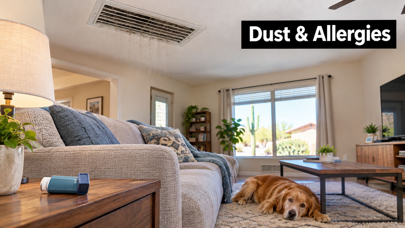 A living room featuring a dirty air vent, an asthma inhaler, and a golden retriever dog resting.