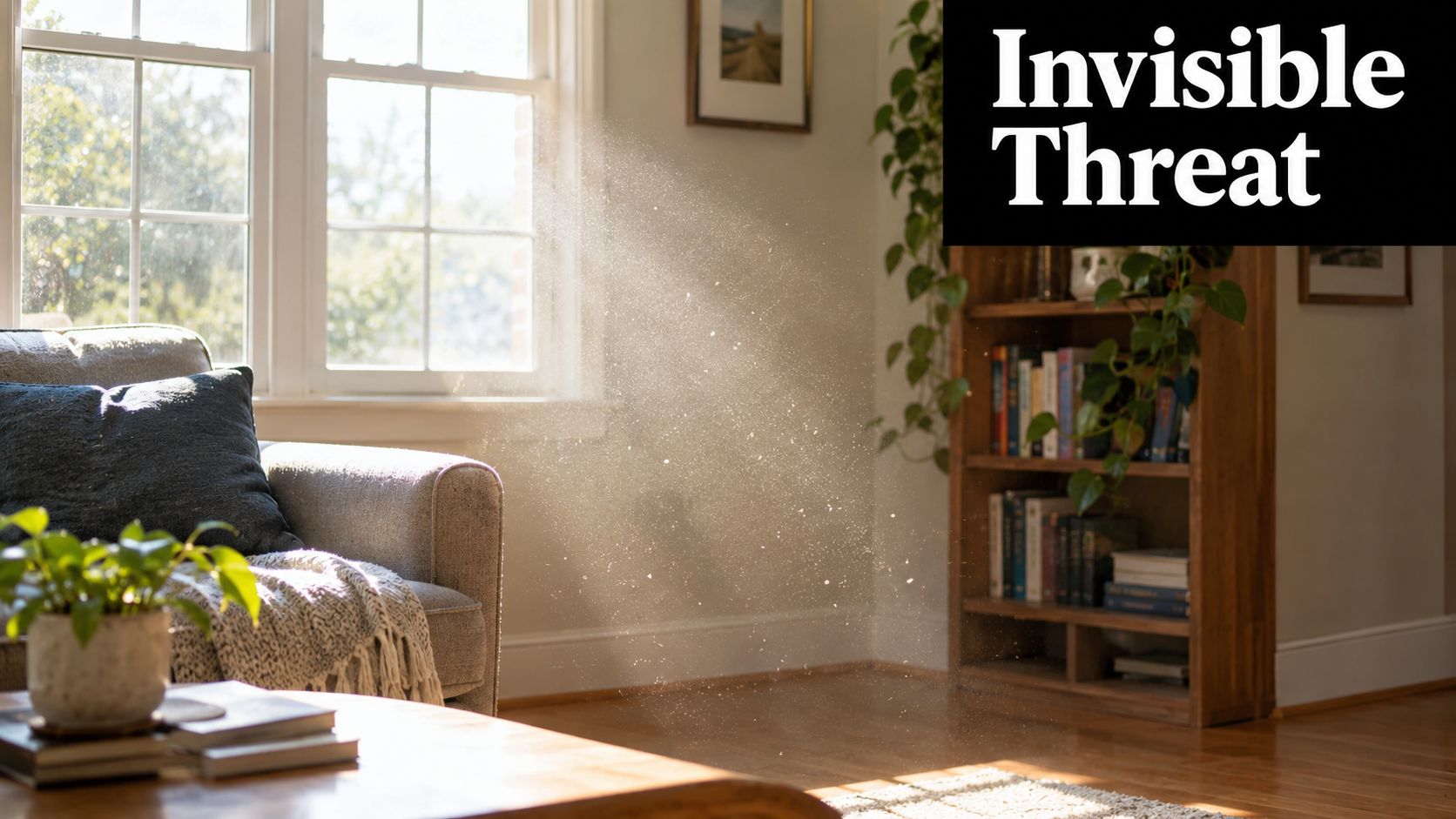 Sunlight streaming through a window reveals floating dust particles in a cozy living room interior.