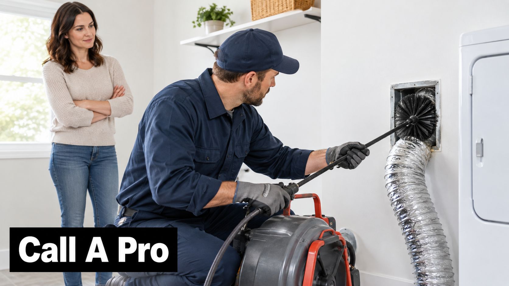 A professional technician in uniform cleaning a residential dryer vent with a rotary brush tool.