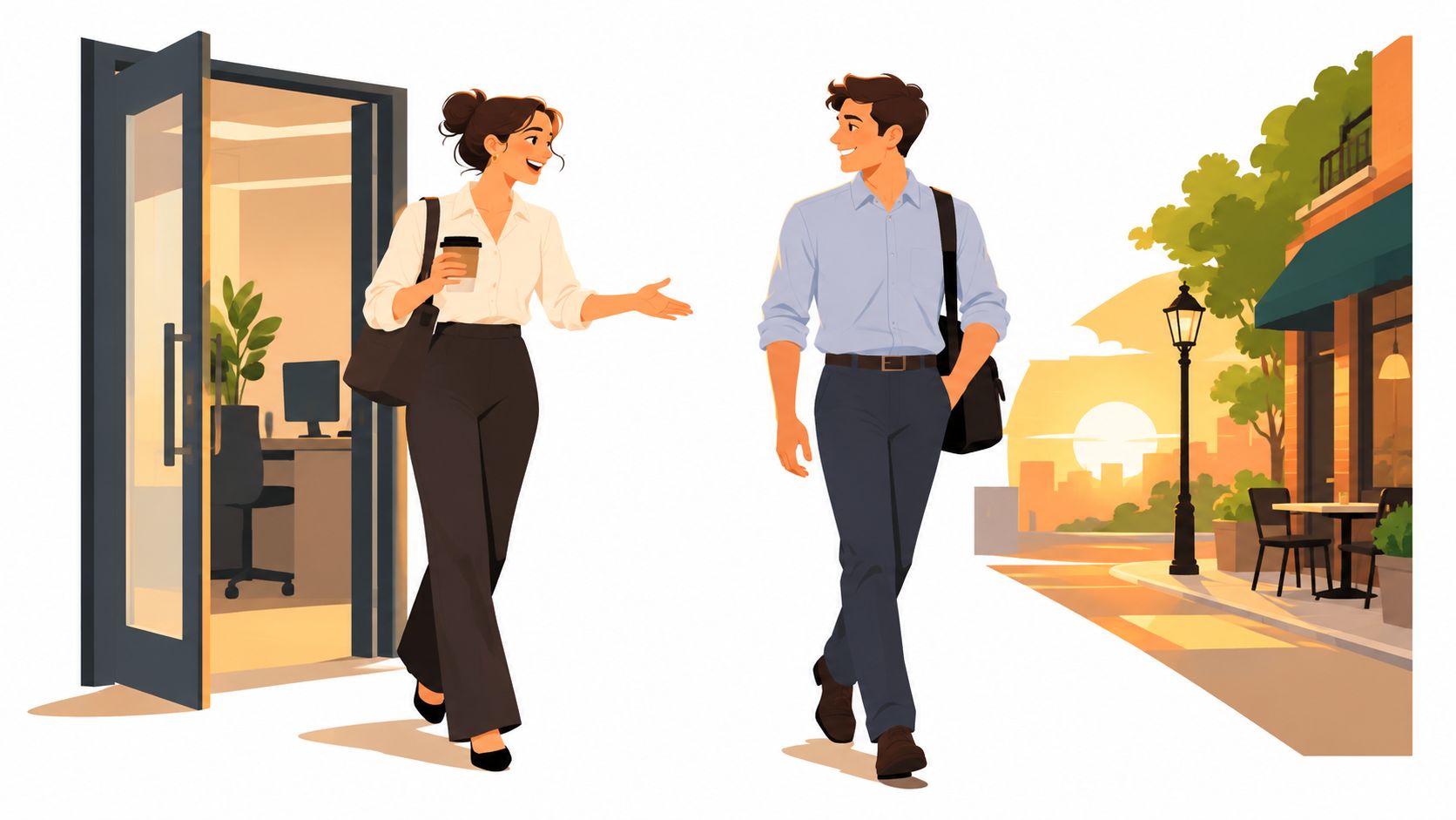 Une femme et un homme d'affaires discutent amicalement devant un bureau lors d'un coucher de soleil.
