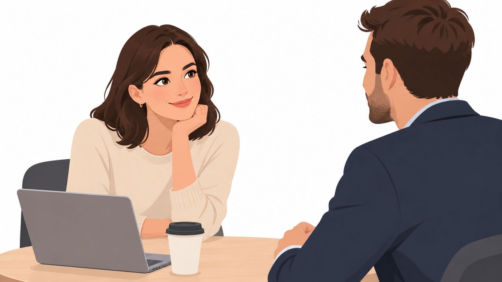 Une femme souriante regardant un homme durant une discussion professionnelle en utilisant un ordinateur portable au bureau.