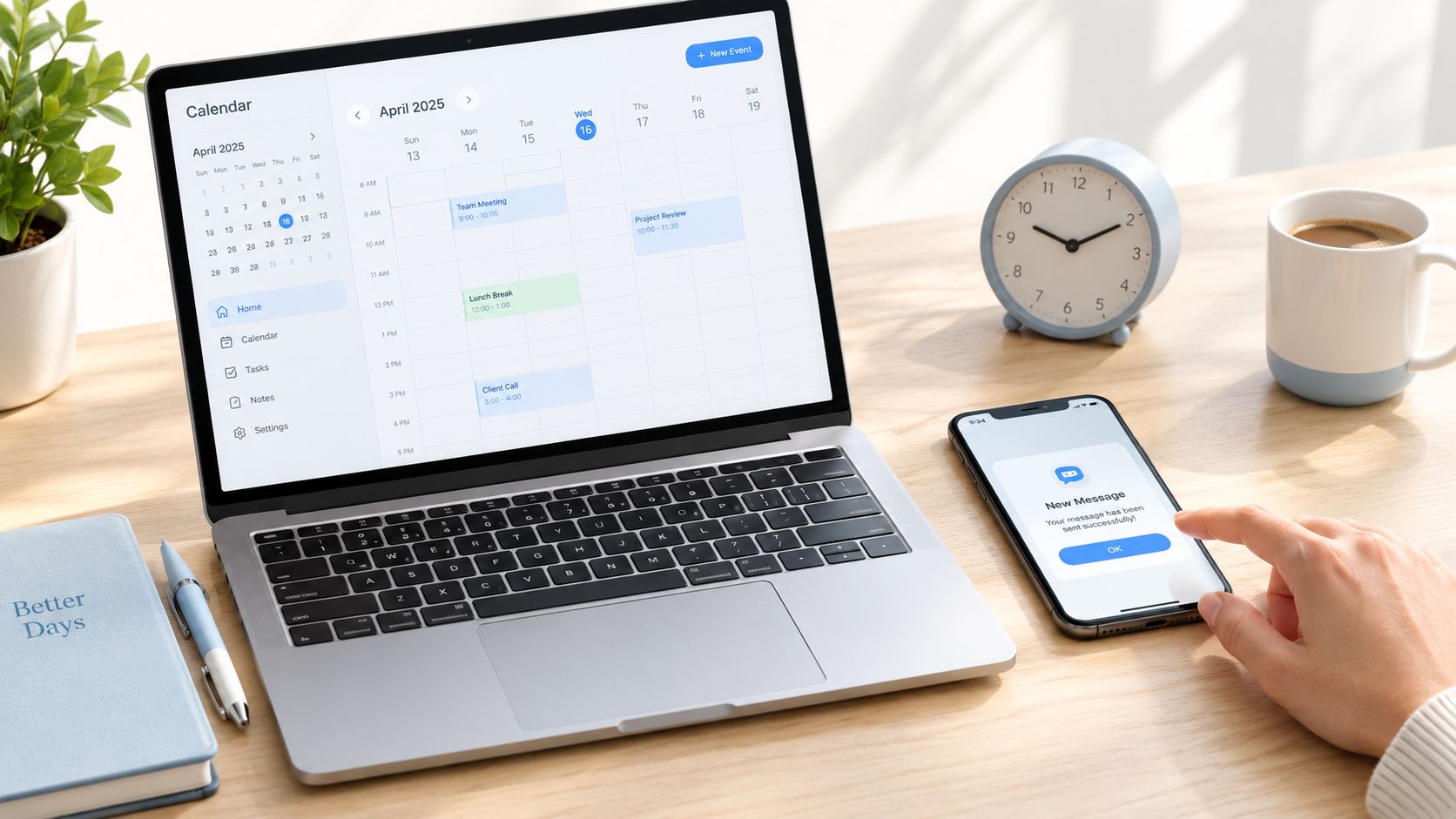 A modern workspace with a laptop displaying a calendar and a smartphone showing a message confirmation.
