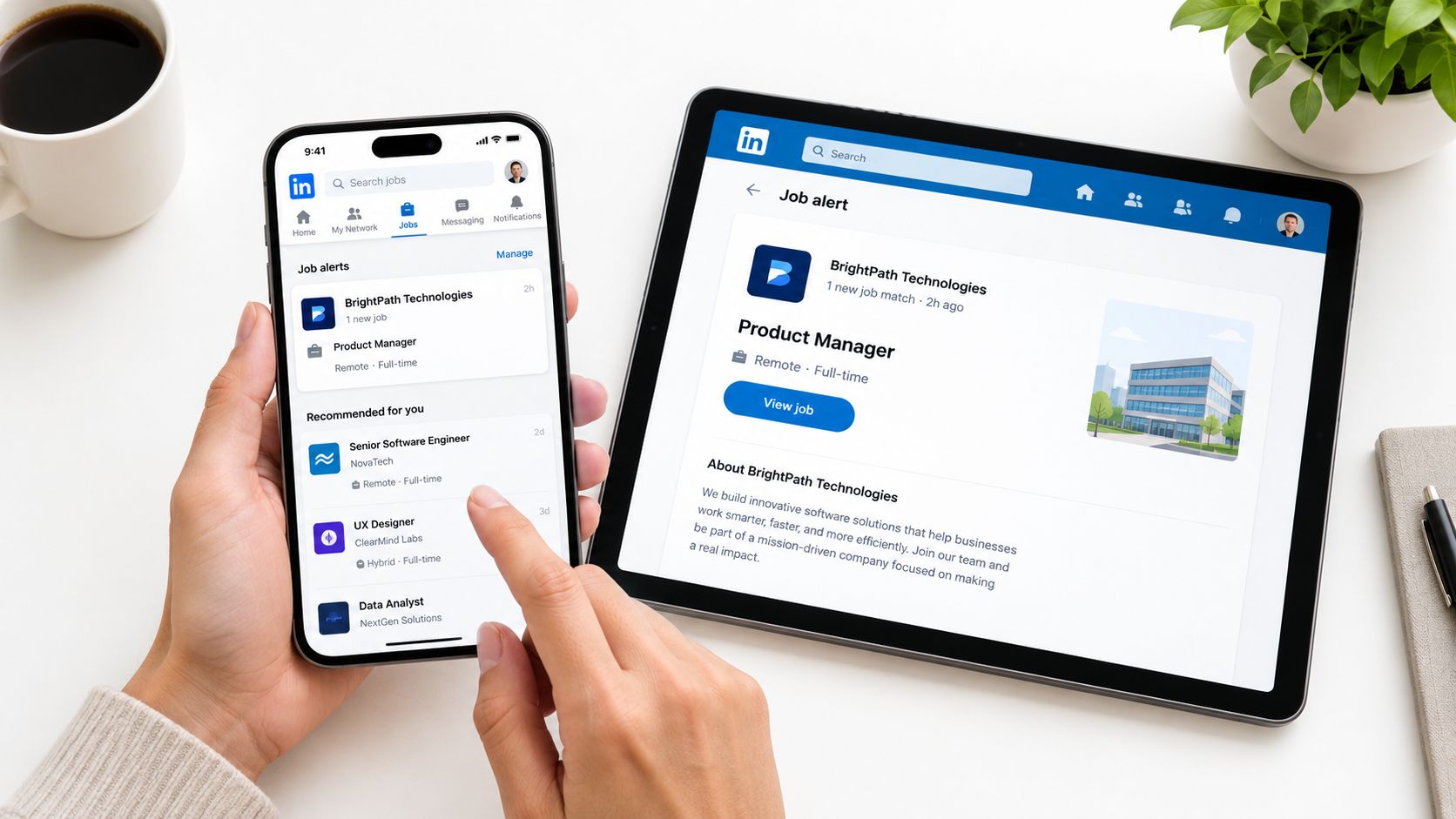 A person using LinkedIn on a smartphone and tablet to view and manage job alerts while working.
