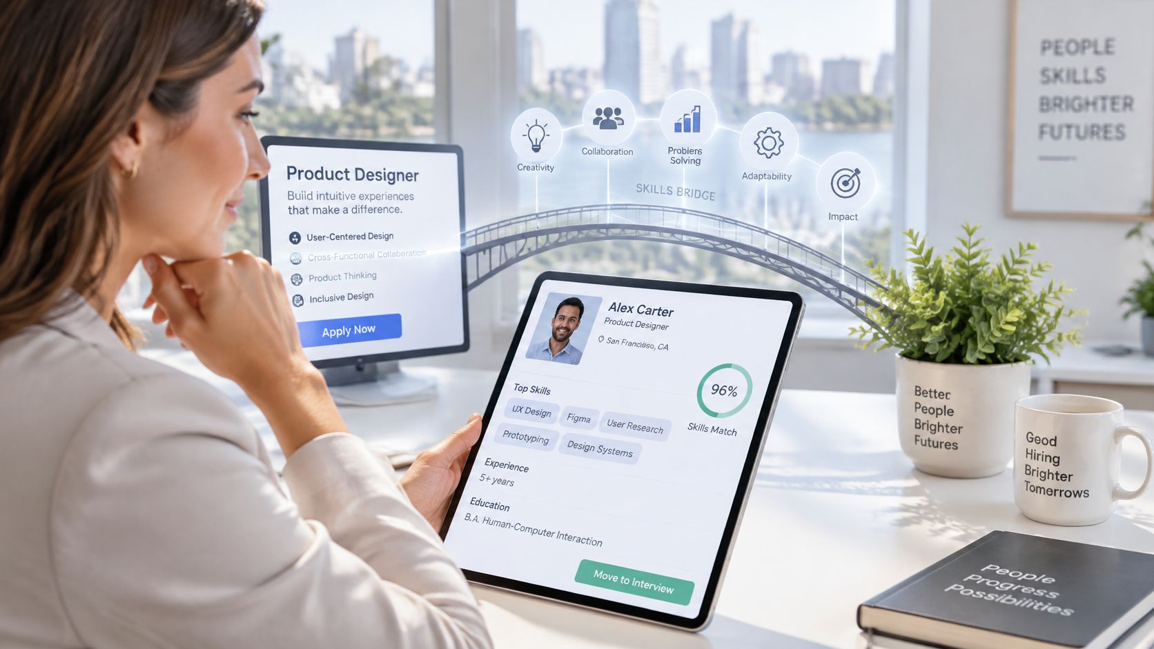 A professional recruiter uses a digital tablet to review a product designer candidate with high skills match.