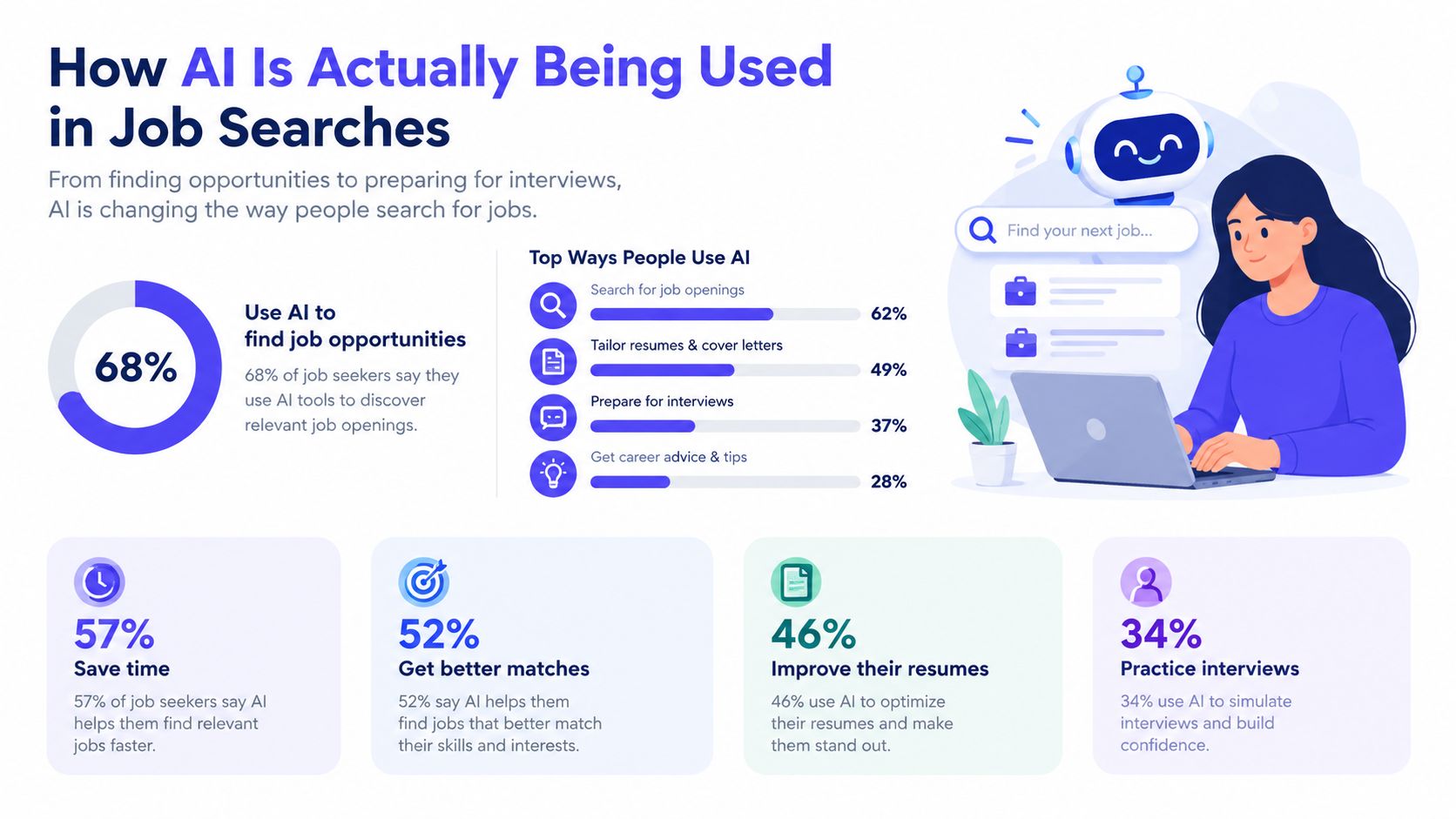 An infographic showing statistics on how job seekers use artificial intelligence tools for various career-related tasks.