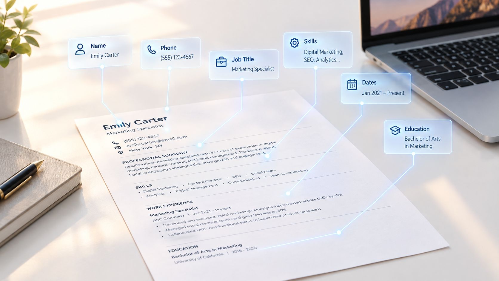A professional resume for a marketing specialist displayed on a desk next to a laptop and notebook.