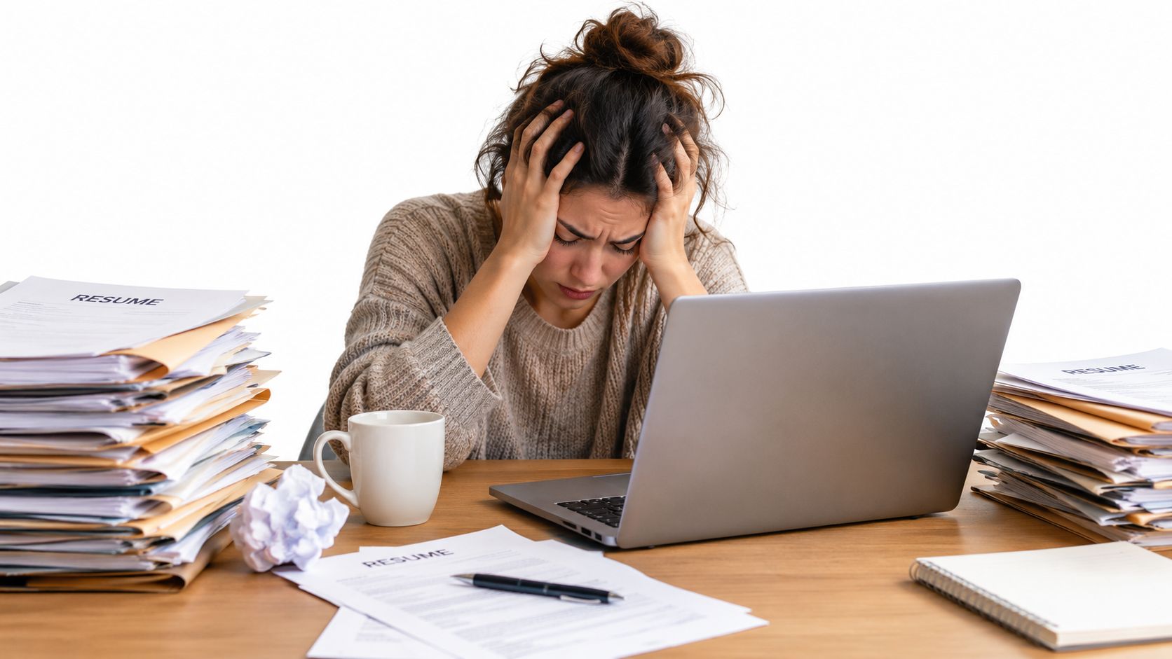 A stressed woman sits at her desk with stacks of resumes and a laptop, feeling job search burnout.