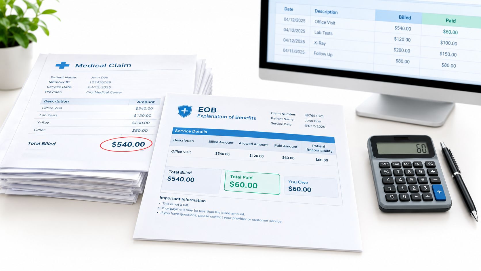 A desktop workspace displaying medical claims, an explanation of benefits form, a calculator, and a computer monitor.
