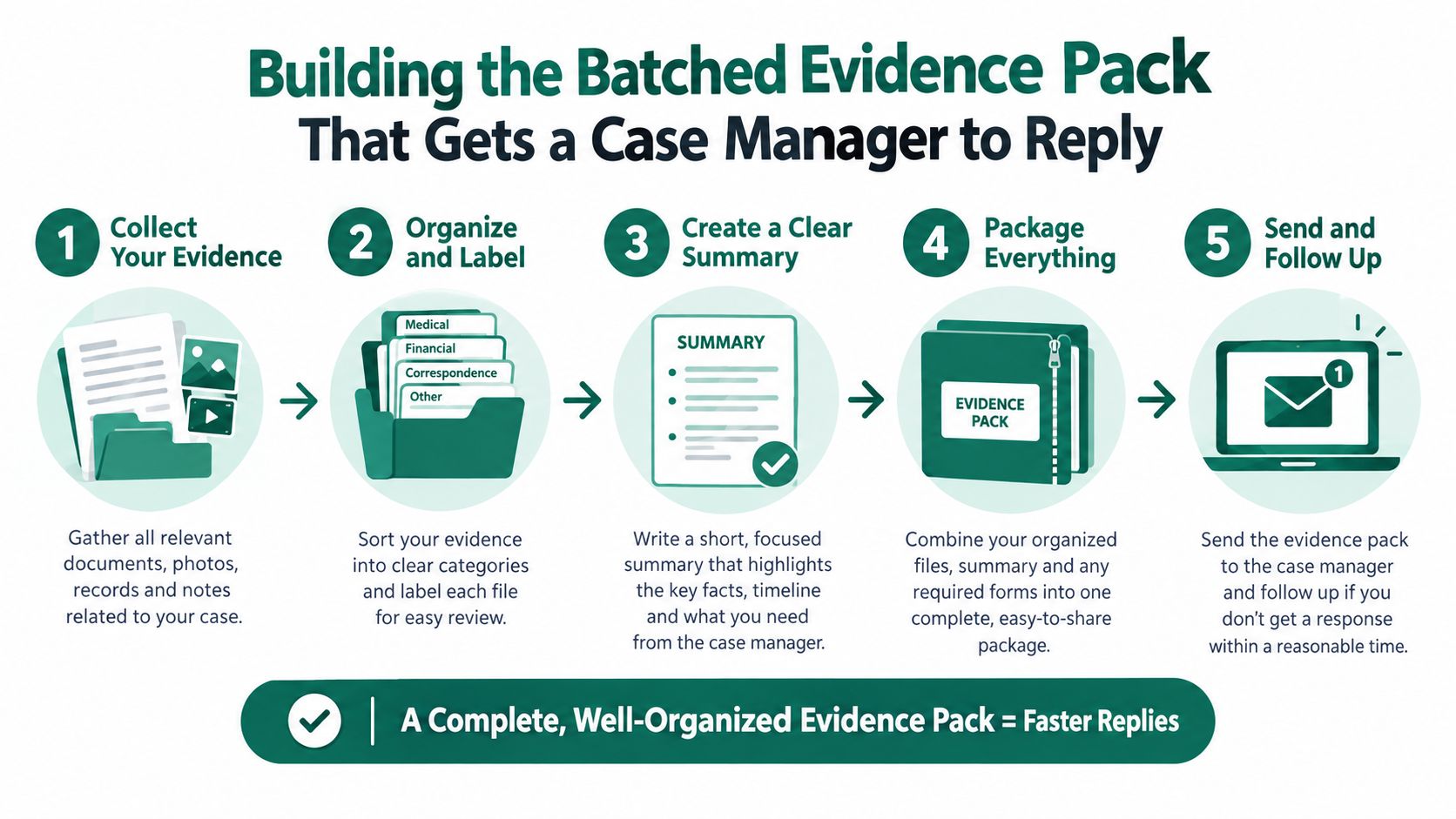 An infographic showing five steps to build a batched evidence pack for effective case manager communication.