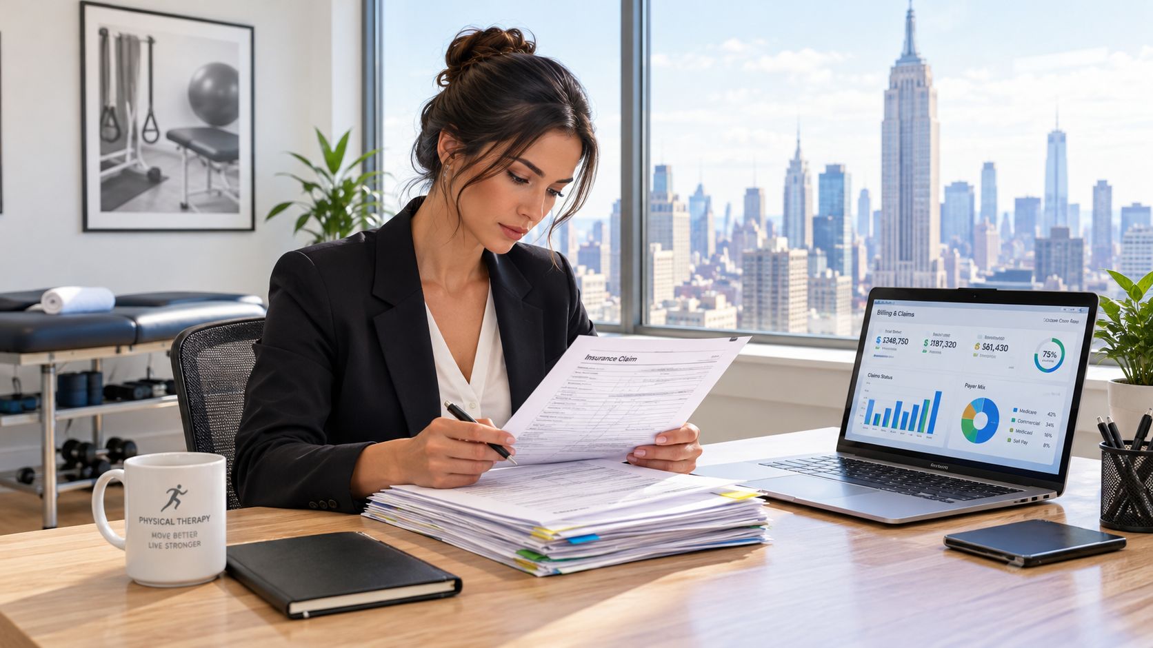 A professional woman in a business suit reviewing medical insurance claims in a modern New York City office.