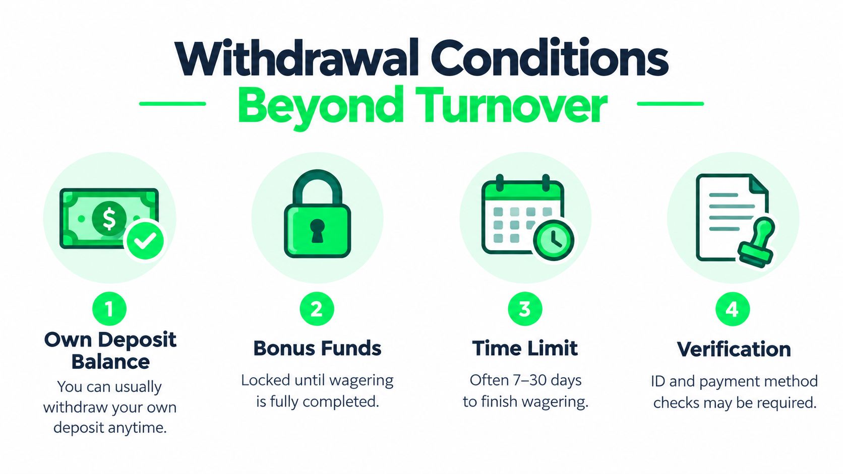 An infographic illustrating four key withdrawal conditions for online casino bonuses, including deposits, lock-ins, time limits, and verification.