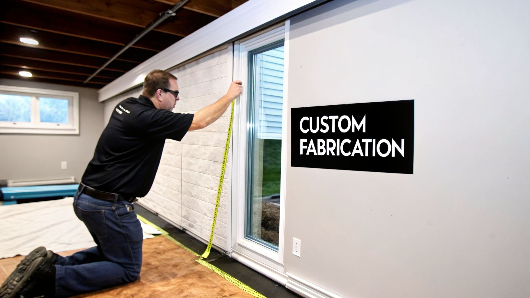 A man kneels, measuring a basement window frame with a tape measure for custom fabrication.