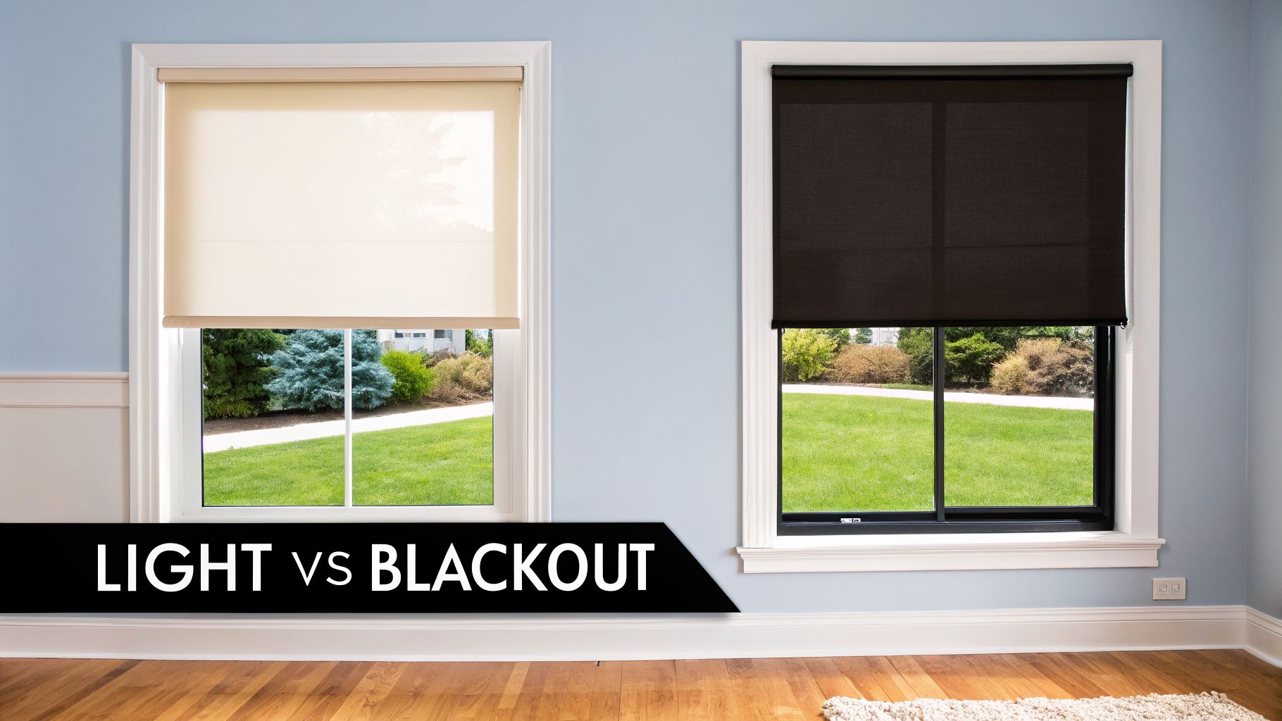 Two windows showcasing light-filtering and blackout roller shades, with outdoor views and text.
