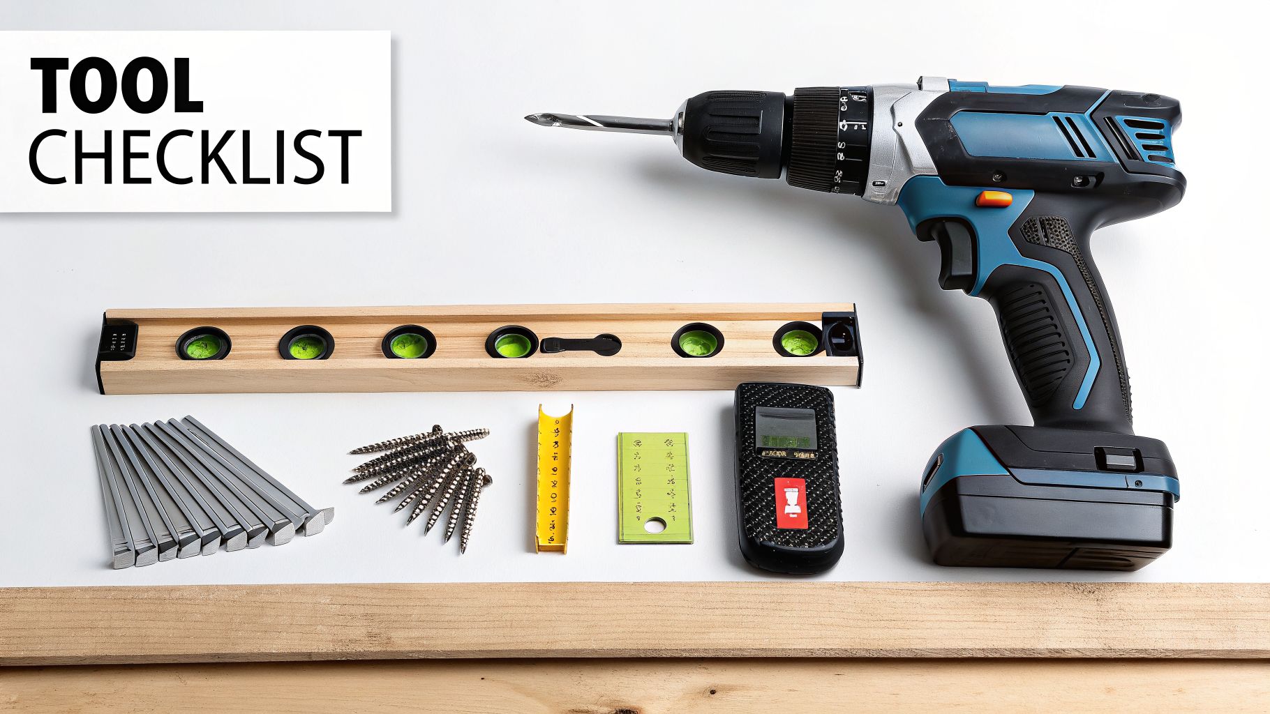 A flat lay of various construction tools including a drill, level, screws, and nails.