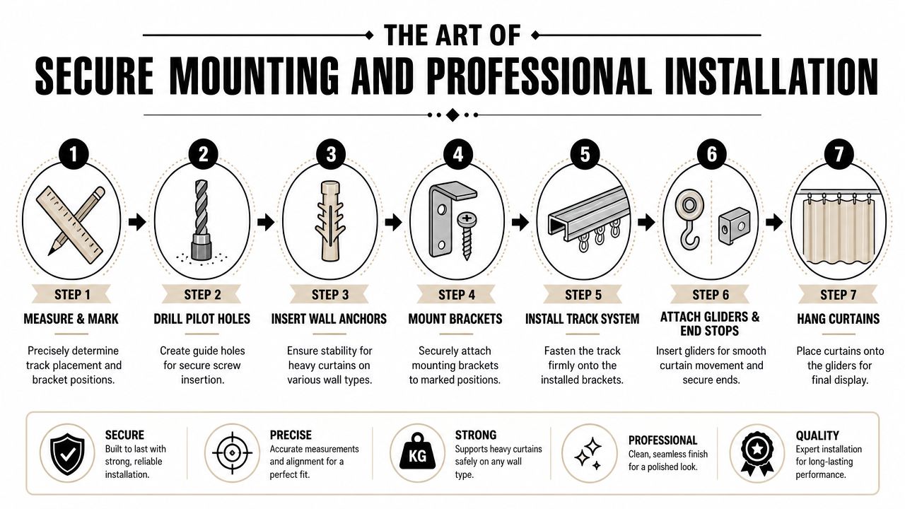 A seven-step instructional infographic detailing how to securely install a professional curtain track system on a wall.
