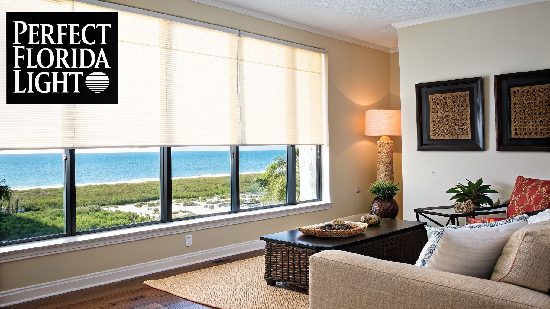 A bright living room features light-filtering cellular shades over windows with a beautiful ocean view.
