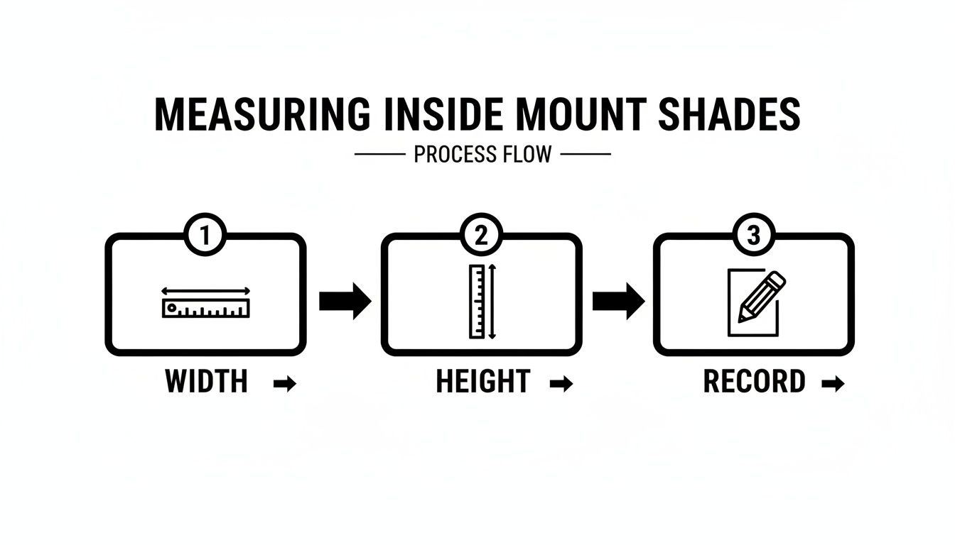 Three-step process to measure inside mount shades: first width, then height, and finally record measurements.