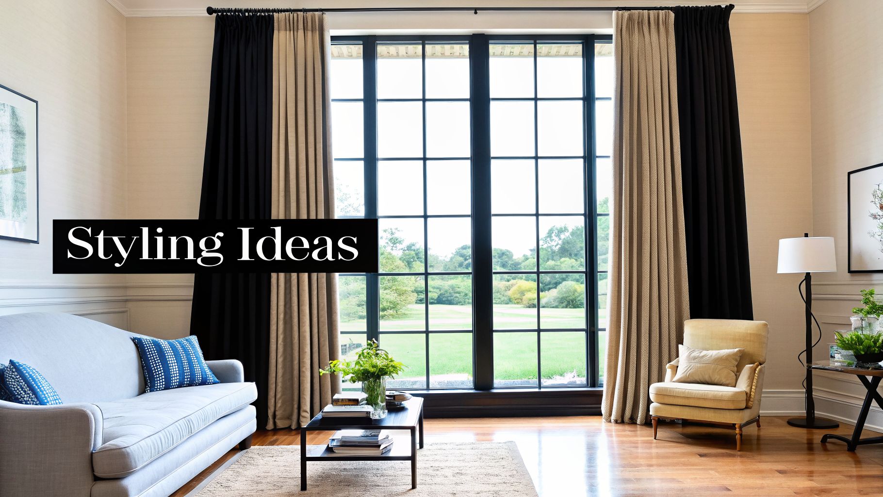 A luxurious living room featuring large windows, black and beige pinch pleat drapes, and elegant furniture.