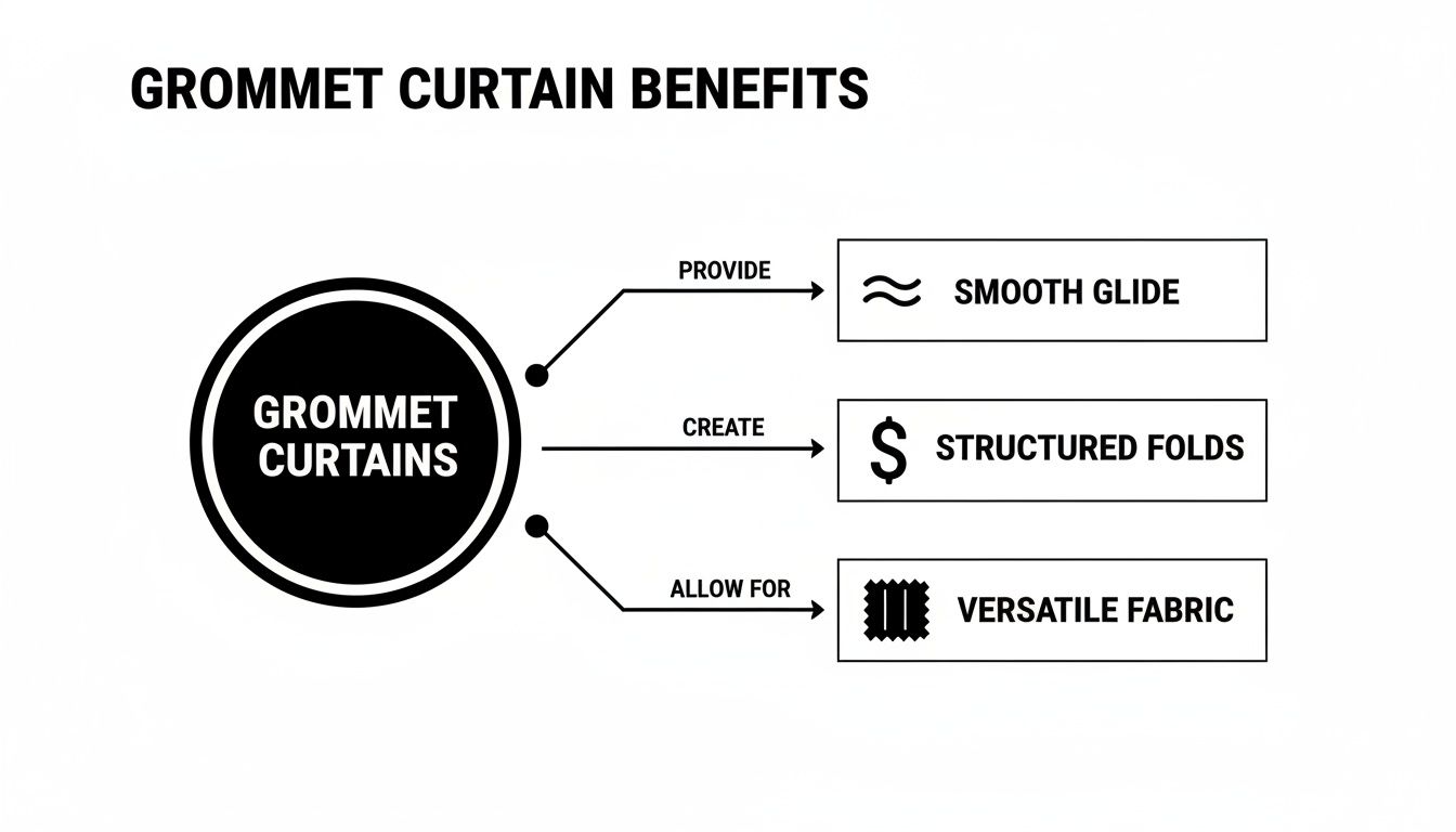 An infographic illustrating grommet curtain benefits: smooth glide, structured folds, and versatile fabric.