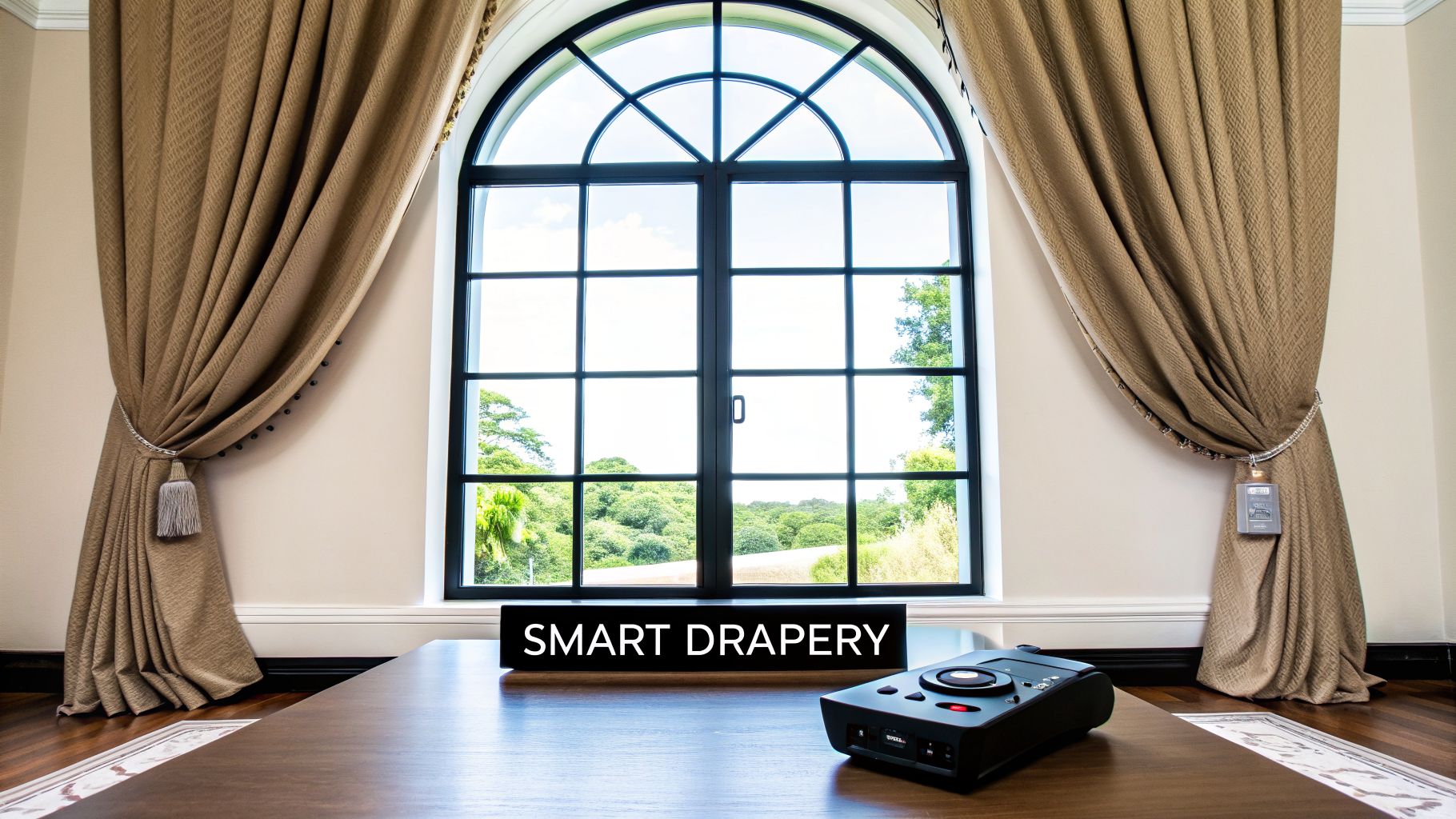 Elegant living room with smart drapes on an arched window, showcasing automated curtain technology.