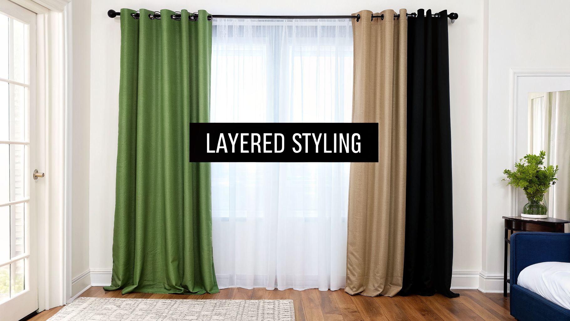 Grommet curtains in green, beige, and black layered over sheer white curtains for layered styling.