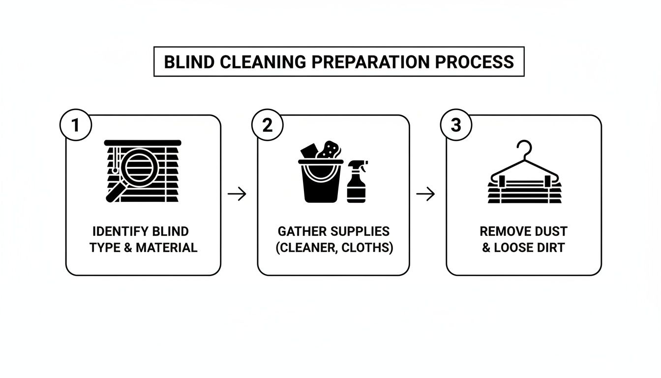 Flowchart illustrating the three-step blind cleaning preparation process: identify type, gather supplies, and remove dust.