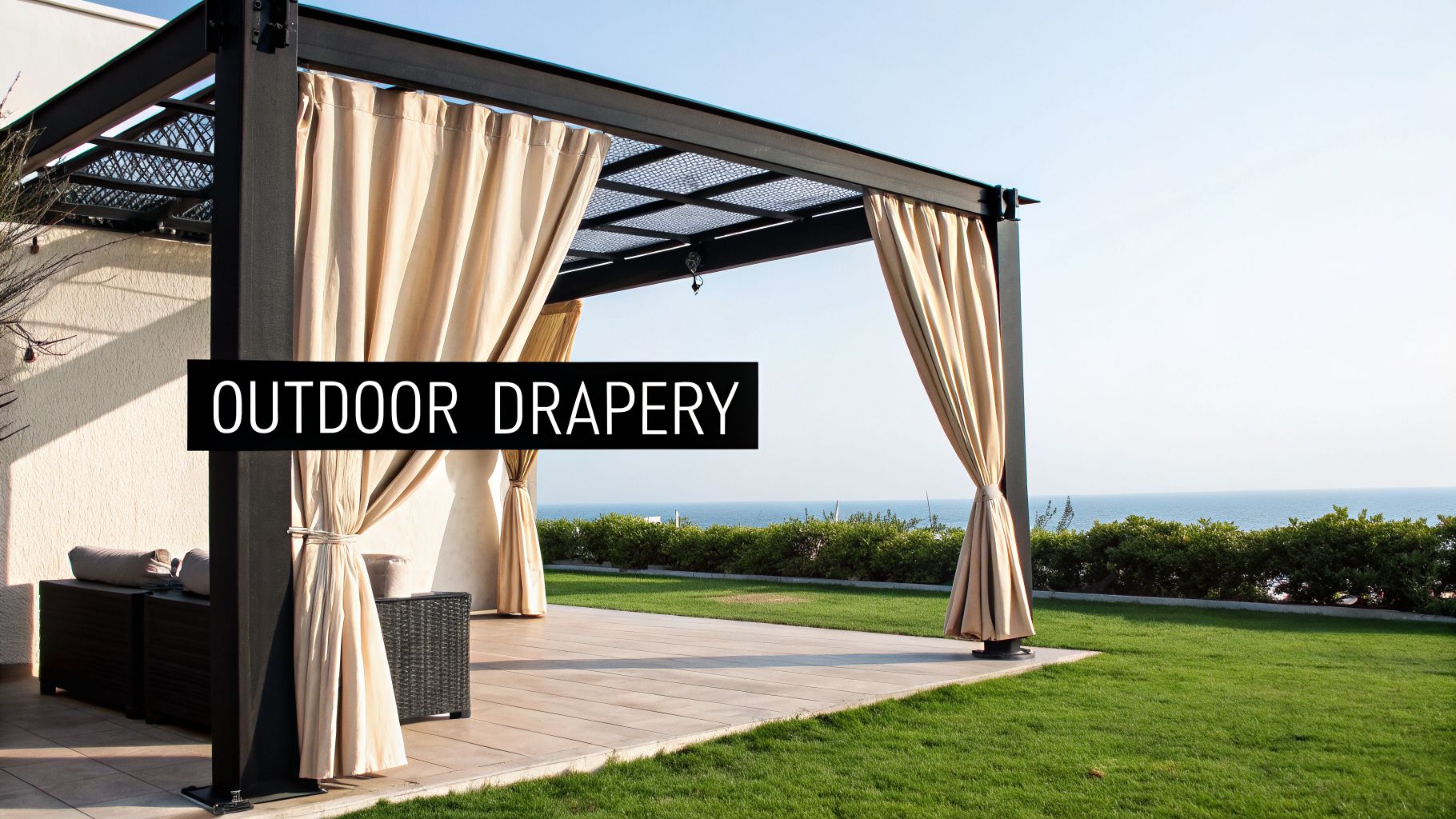 A beautiful outdoor pergola with beige drapery, a patio, green lawn, and ocean view.