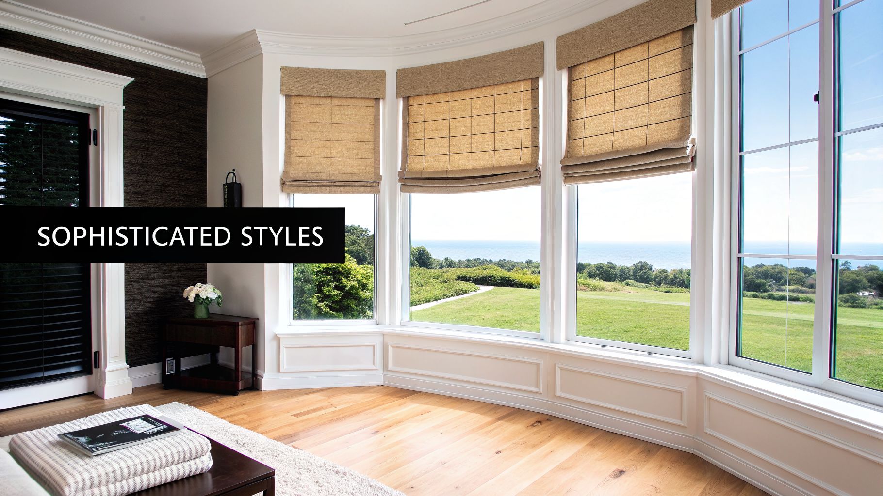 A bright room with a bay window featuring light brown Roman shades and an ocean view.